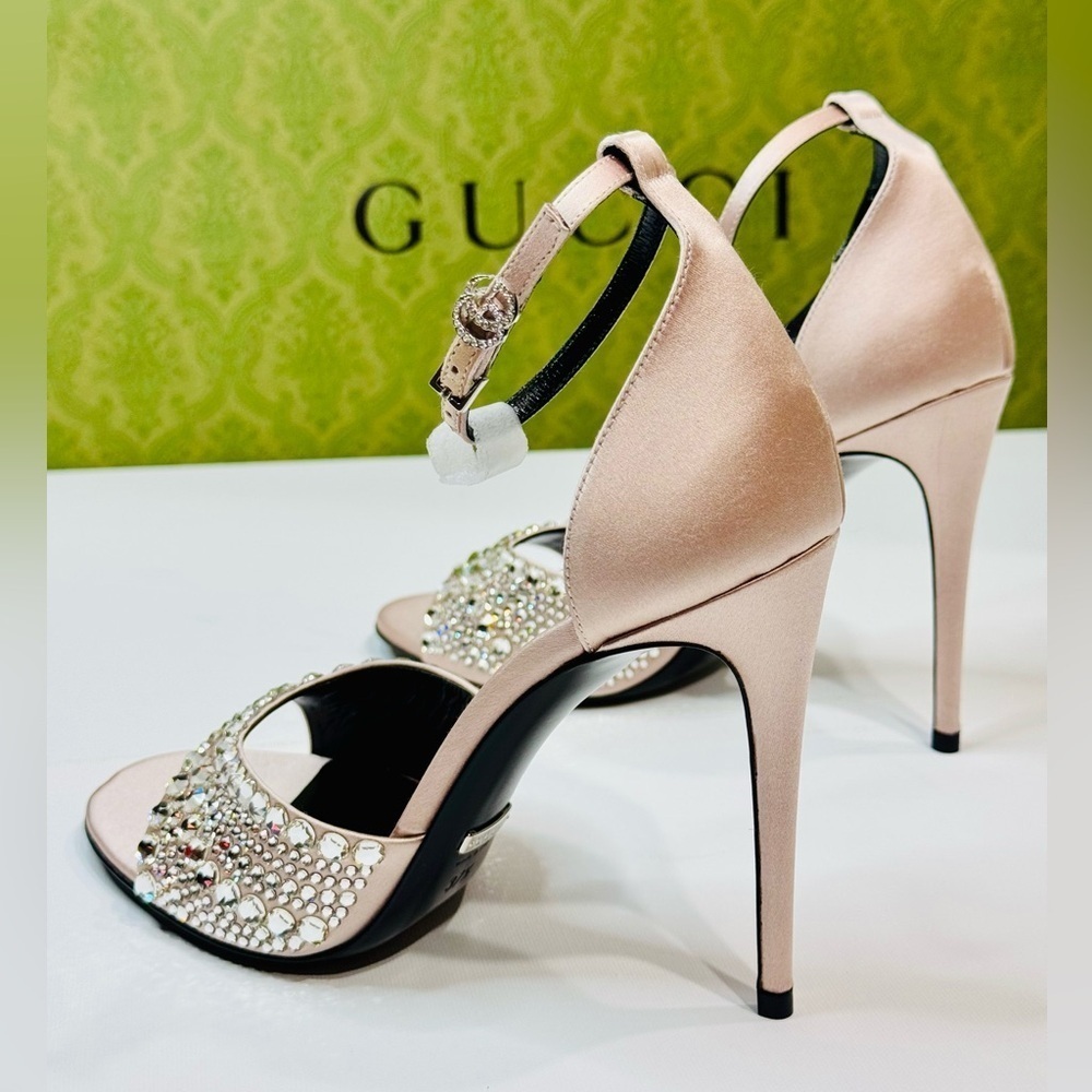 Gucci GG Crystal Embellished Rhinestones Heels Pink Satin Sandals Size 37.5 - Picture 8 of 16